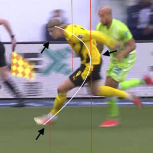 Haaland landing with heel in front of hip